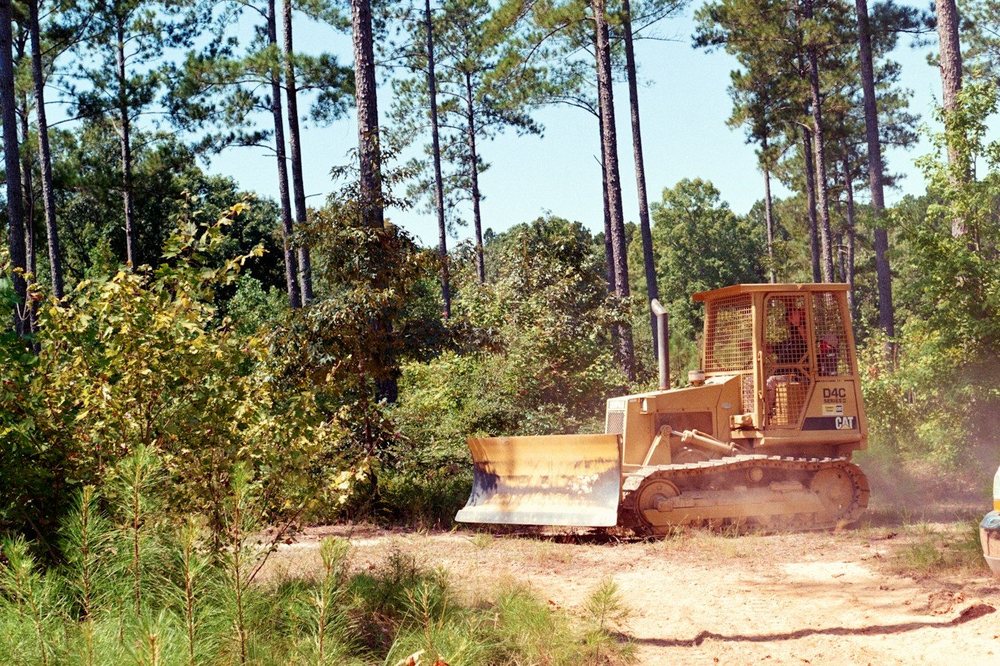 A bulldozer pushing brush and small trees on a wooded lot